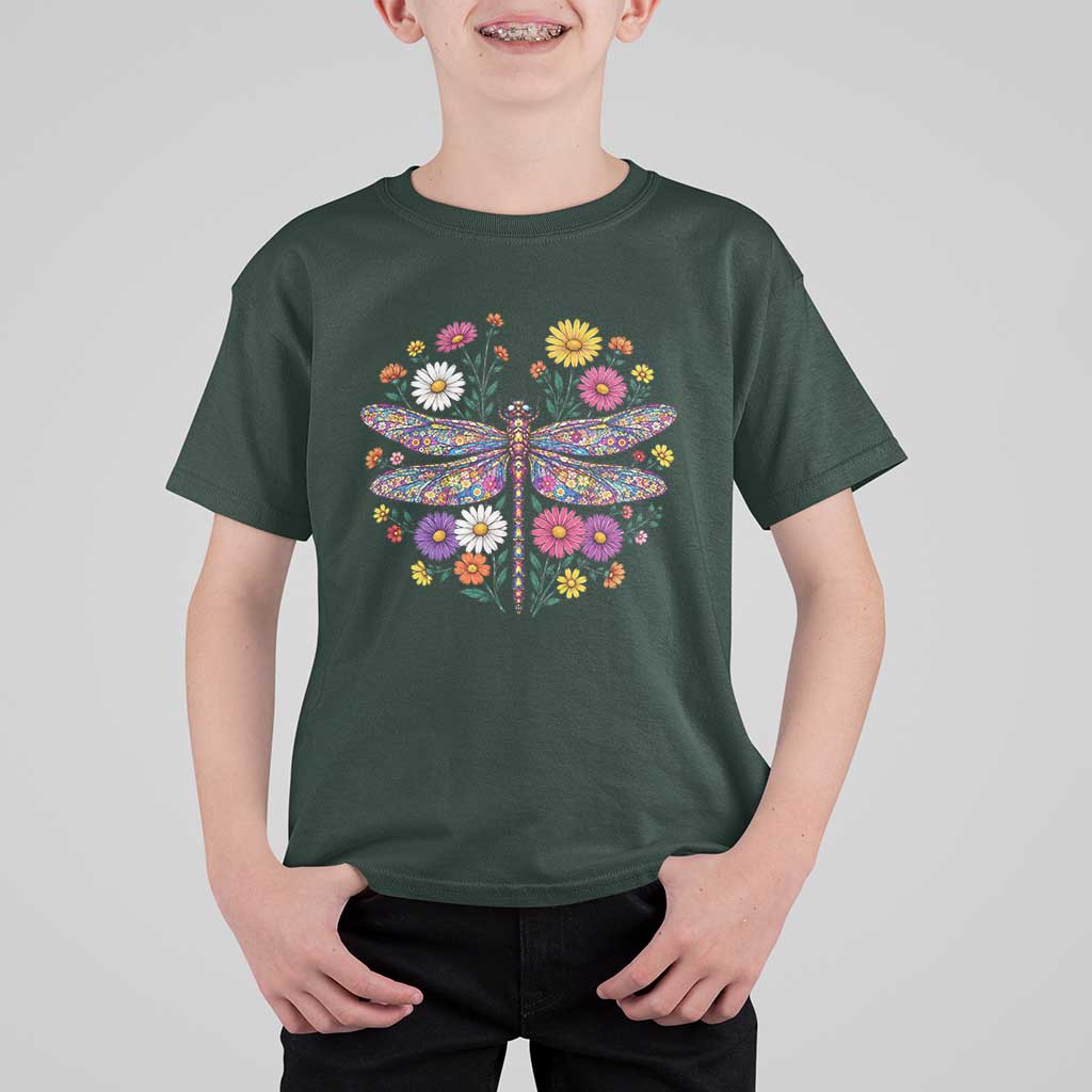 Boho Floral Spring Dragonfly T Shirt For Kid Colorful Mosaic Insect