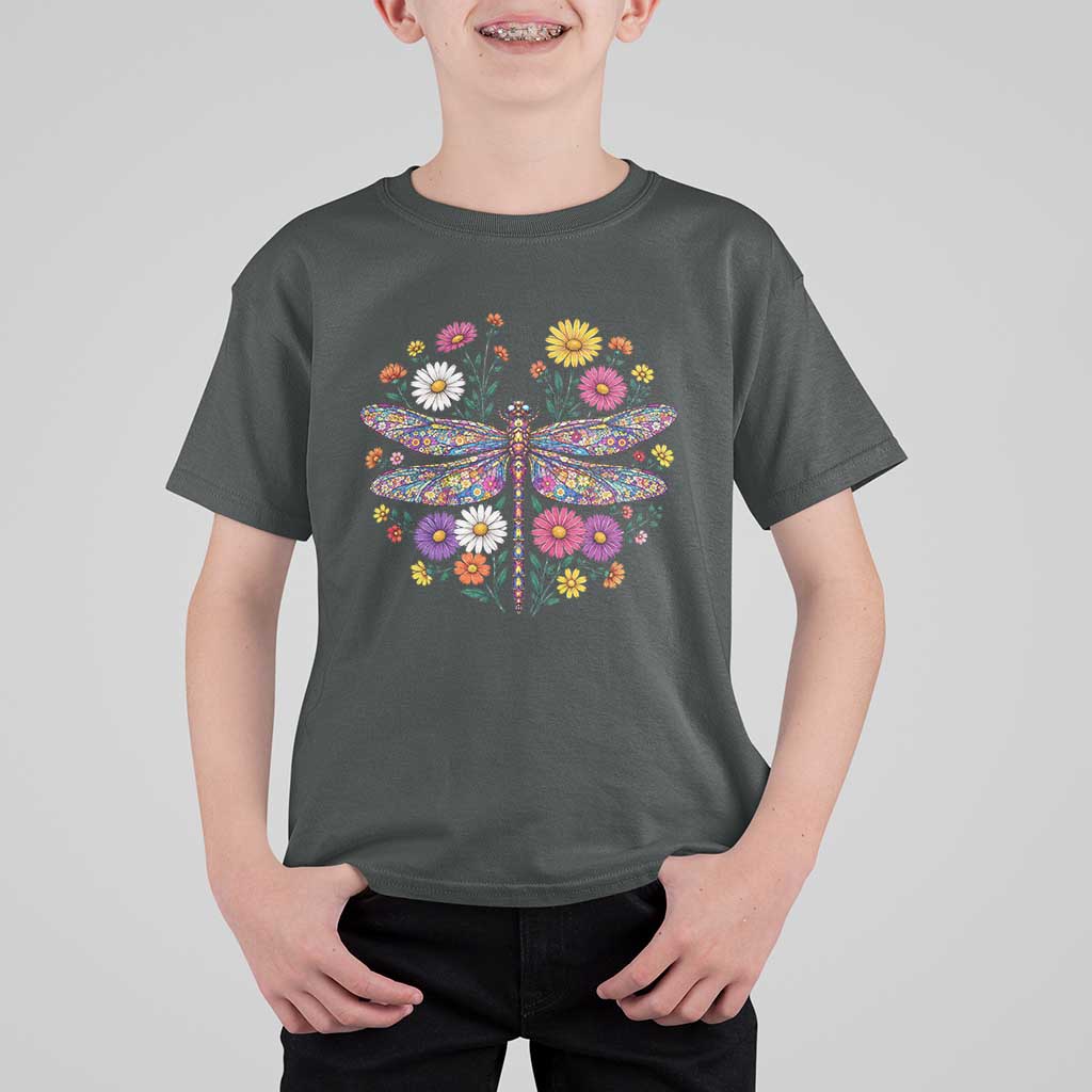 Boho Floral Spring Dragonfly T Shirt For Kid Colorful Mosaic Insect