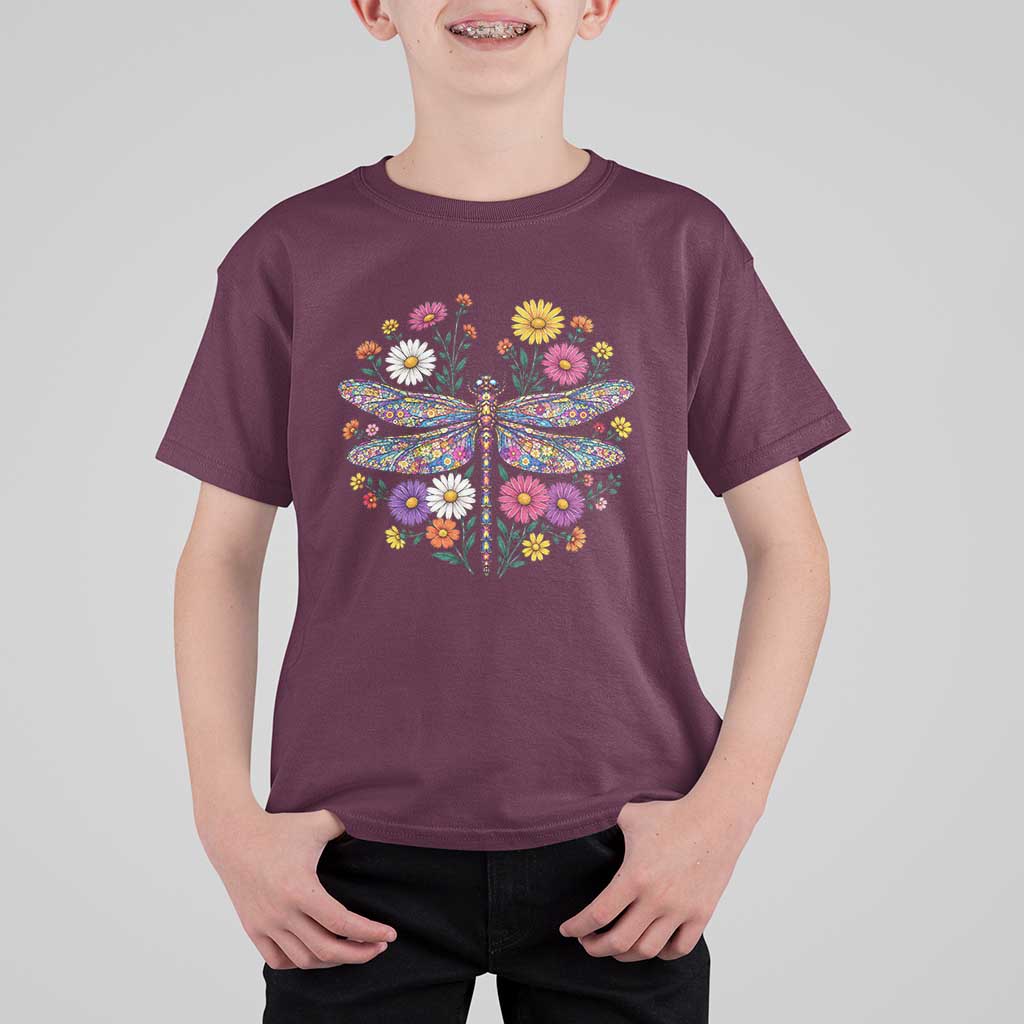 Boho Floral Spring Dragonfly T Shirt For Kid Colorful Mosaic Insect
