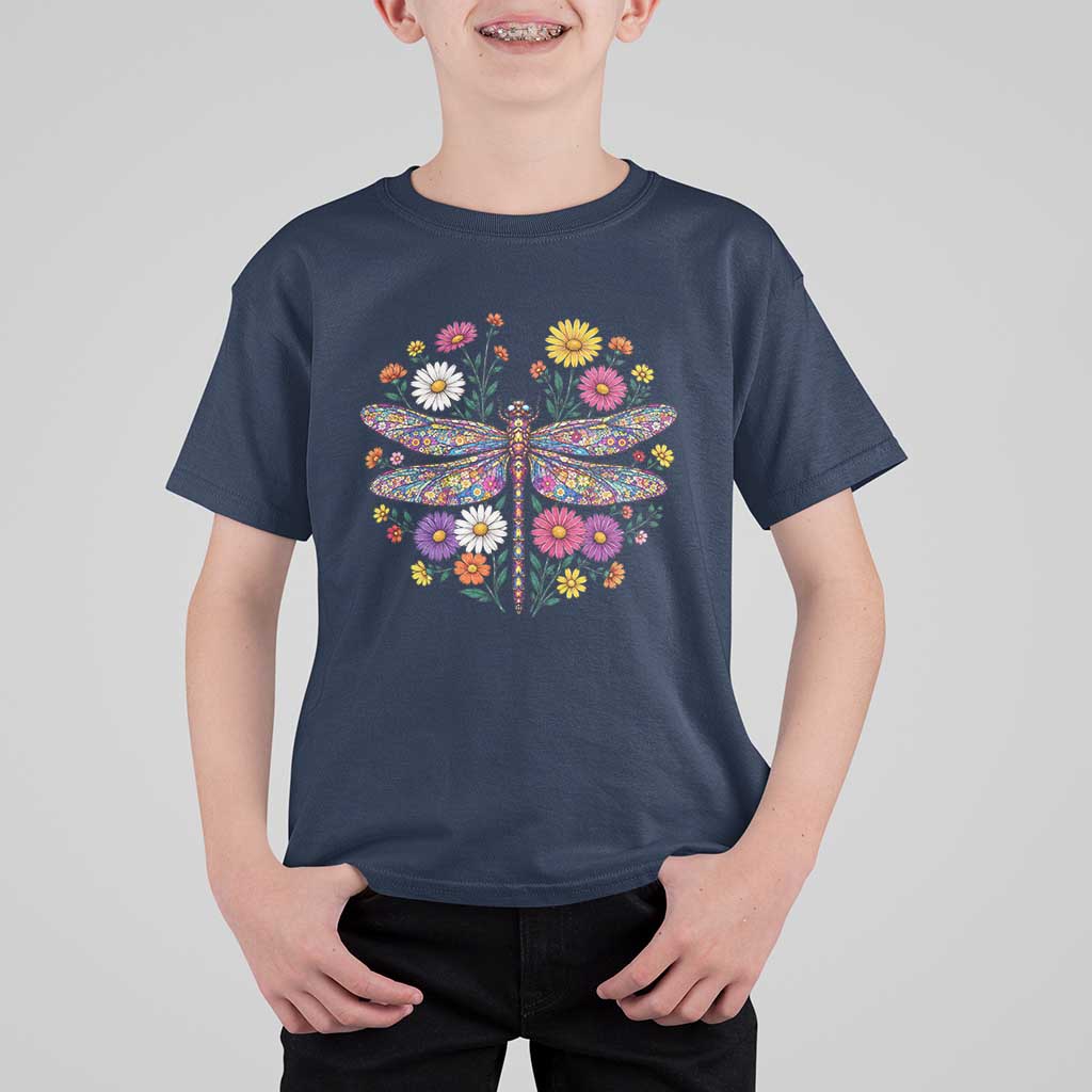 Boho Floral Spring Dragonfly T Shirt For Kid Colorful Mosaic Insect
