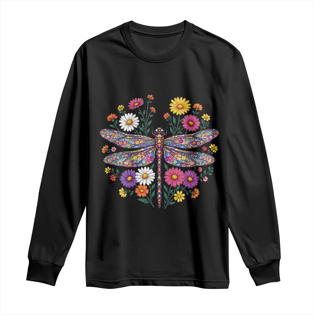 Boho Floral Spring Dragonfly Long Sleeve Shirt Colorful Mosaic Insect