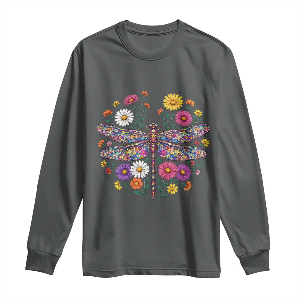 Boho Floral Spring Dragonfly Long Sleeve Shirt Colorful Mosaic Insect