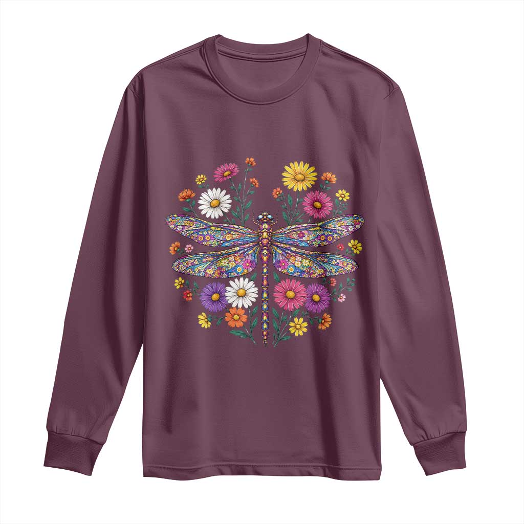 Boho Floral Spring Dragonfly Long Sleeve Shirt Colorful Mosaic Insect