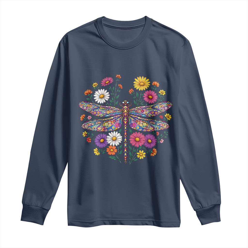 Boho Floral Spring Dragonfly Long Sleeve Shirt Colorful Mosaic Insect