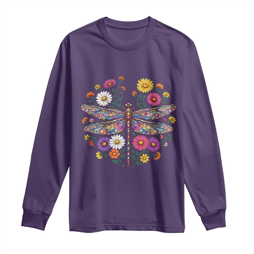 Boho Floral Spring Dragonfly Long Sleeve Shirt Colorful Mosaic Insect