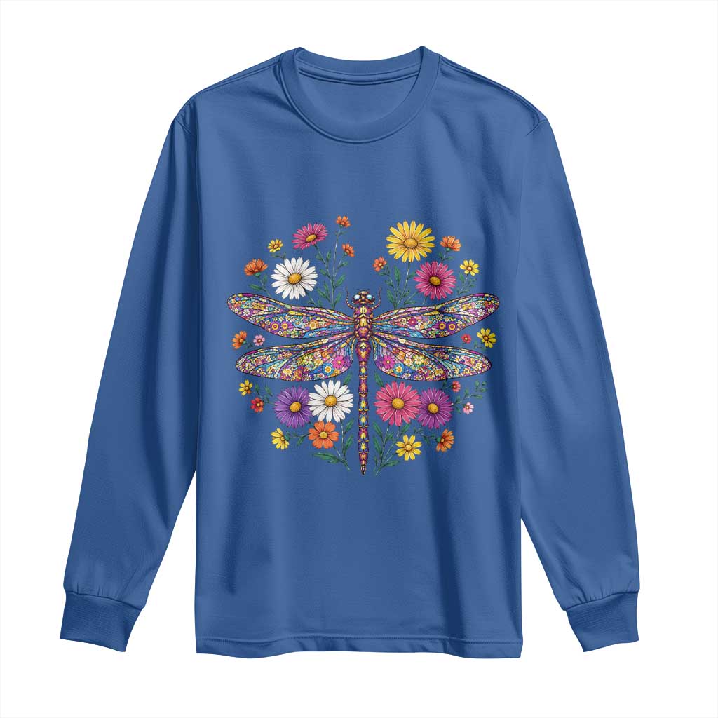 Boho Floral Spring Dragonfly Long Sleeve Shirt Colorful Mosaic Insect