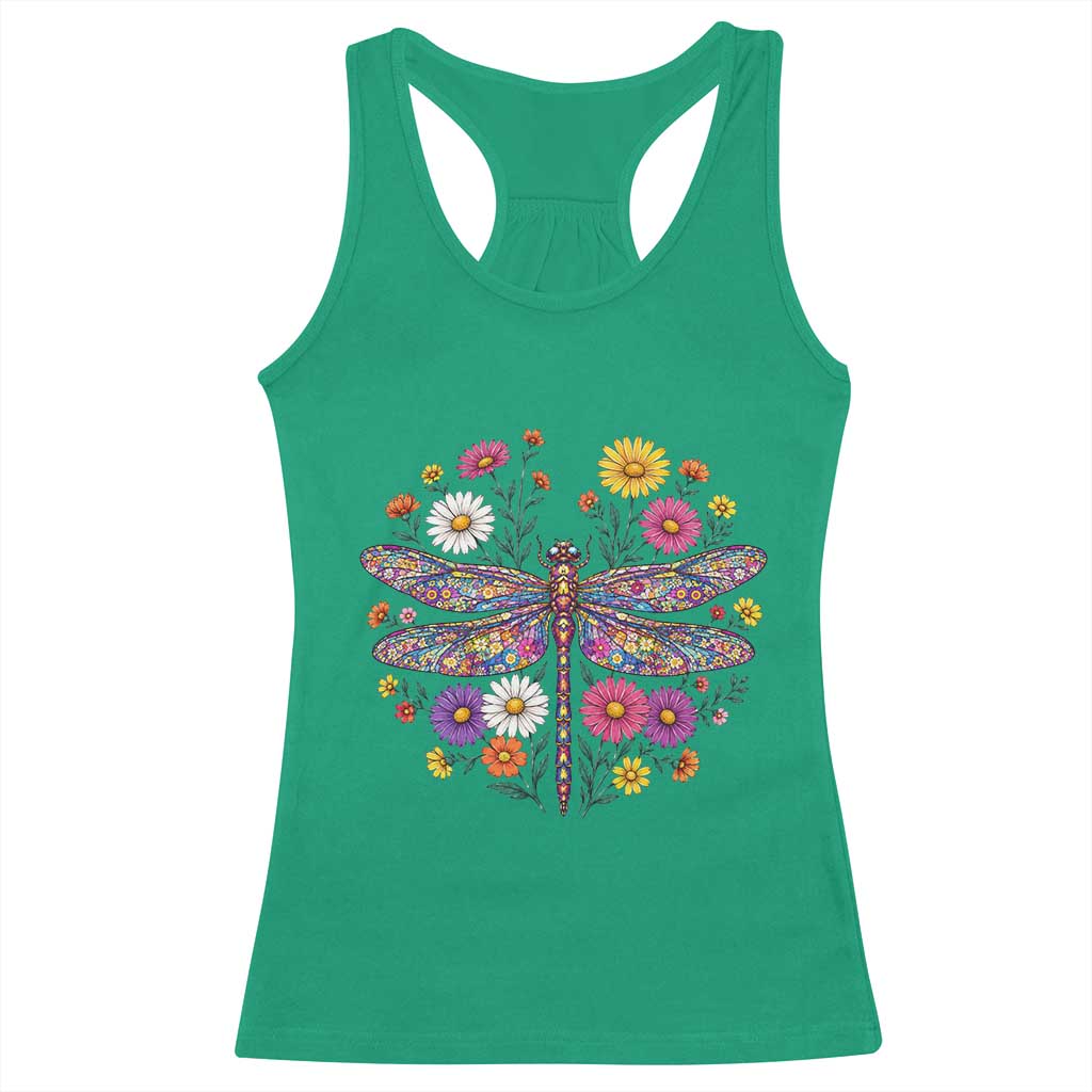 Boho Floral Spring Dragonfly Racerback Tank Top Colorful Mosaic Insect