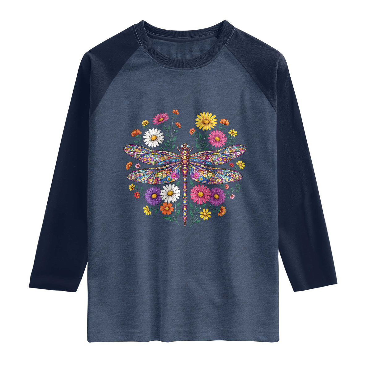 Boho Floral Spring Dragonfly Raglan Shirt Colorful Mosaic Insect