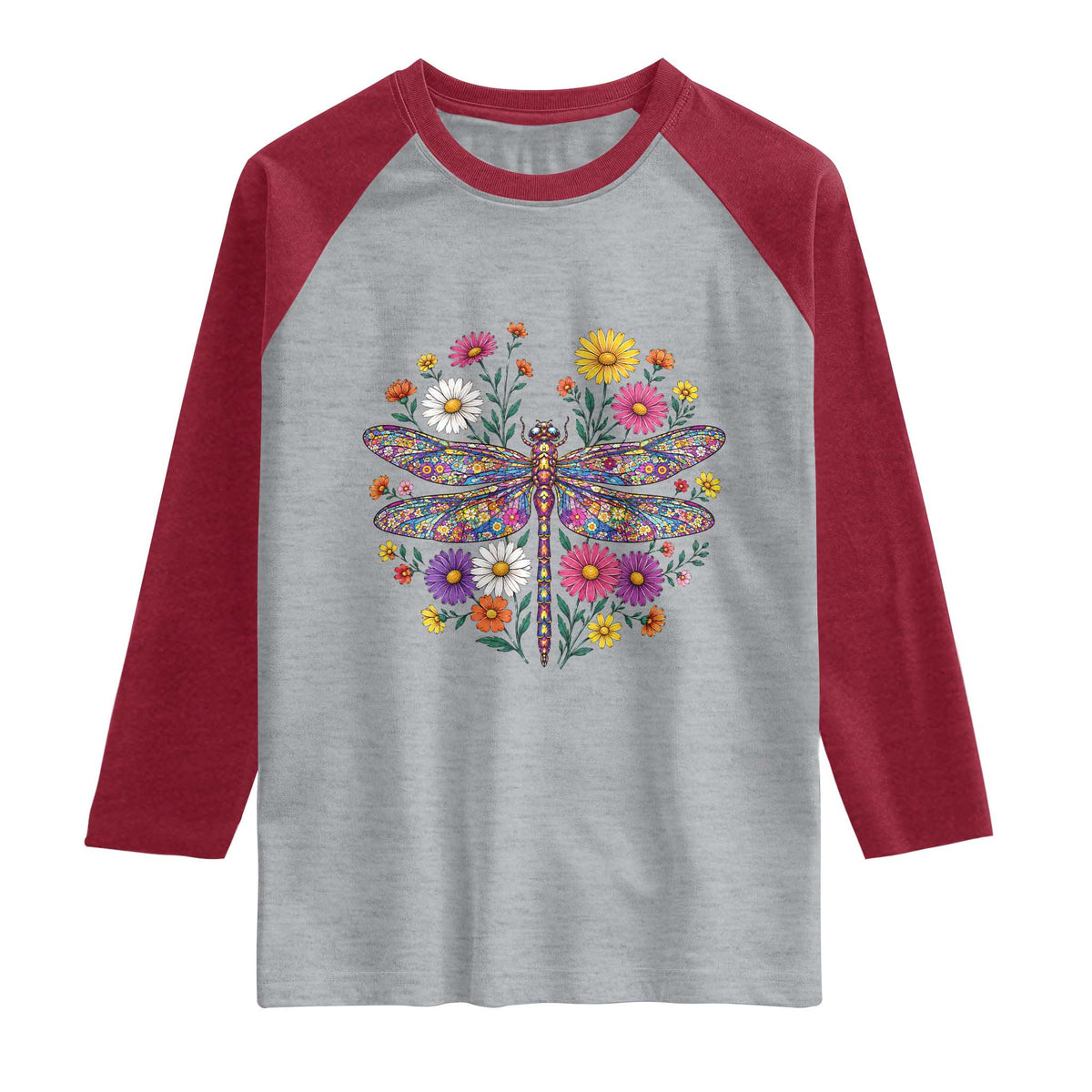 Boho Floral Spring Dragonfly Raglan Shirt Colorful Mosaic Insect