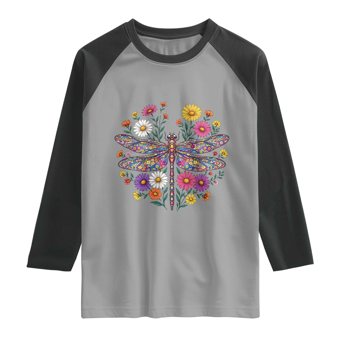 Boho Floral Spring Dragonfly Raglan Shirt Colorful Mosaic Insect