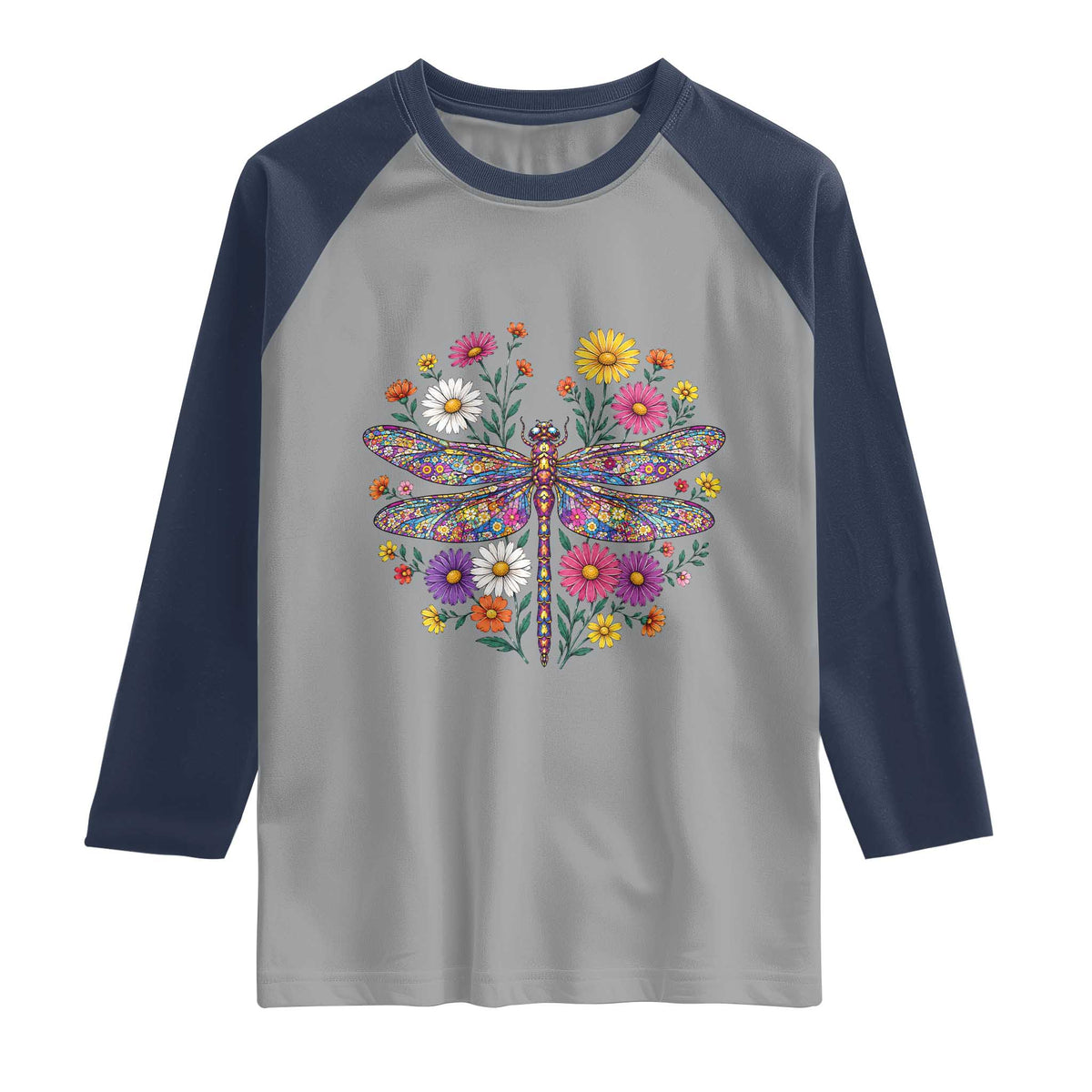 Boho Floral Spring Dragonfly Raglan Shirt Colorful Mosaic Insect