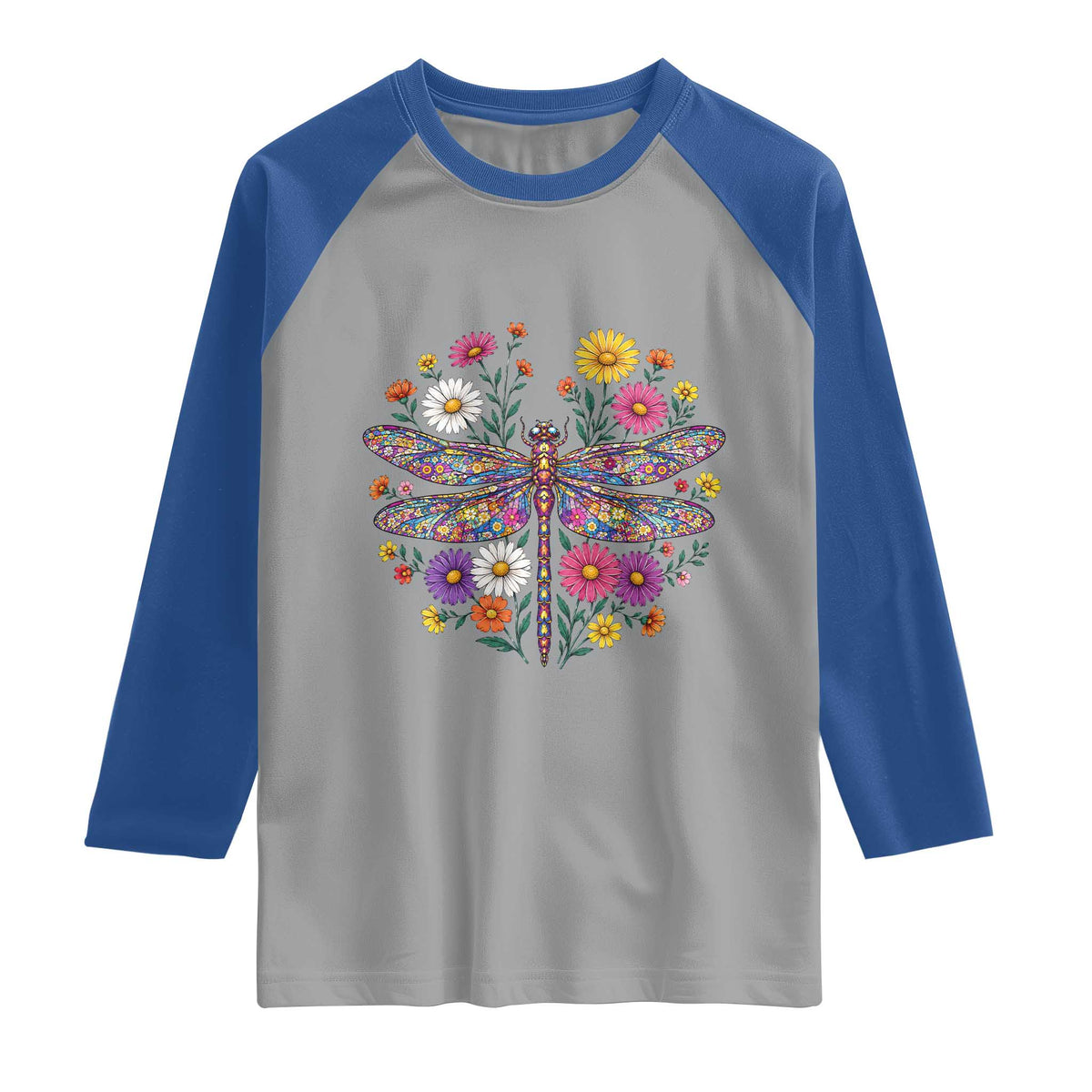 Boho Floral Spring Dragonfly Raglan Shirt Colorful Mosaic Insect