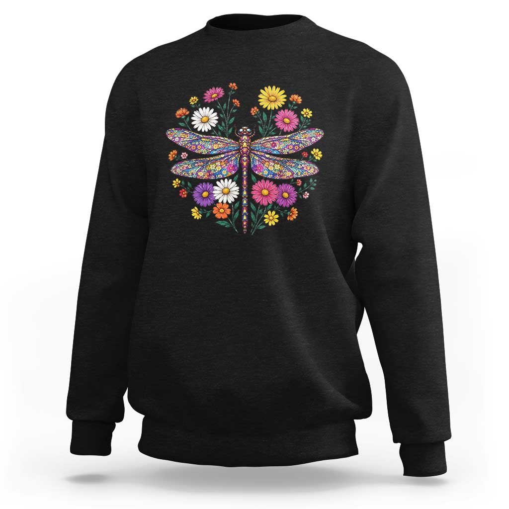 Boho Floral Spring Dragonfly Sweatshirt Colorful Mosaic Insect