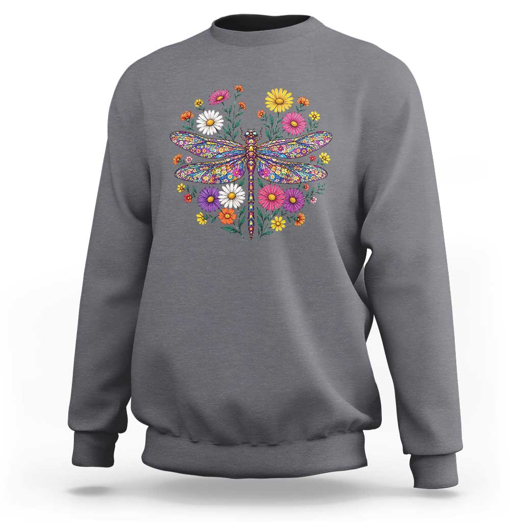 Boho Floral Spring Dragonfly Sweatshirt Colorful Mosaic Insect