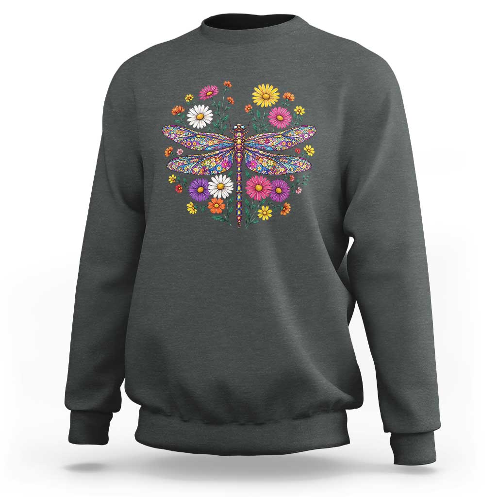 Boho Floral Spring Dragonfly Sweatshirt Colorful Mosaic Insect