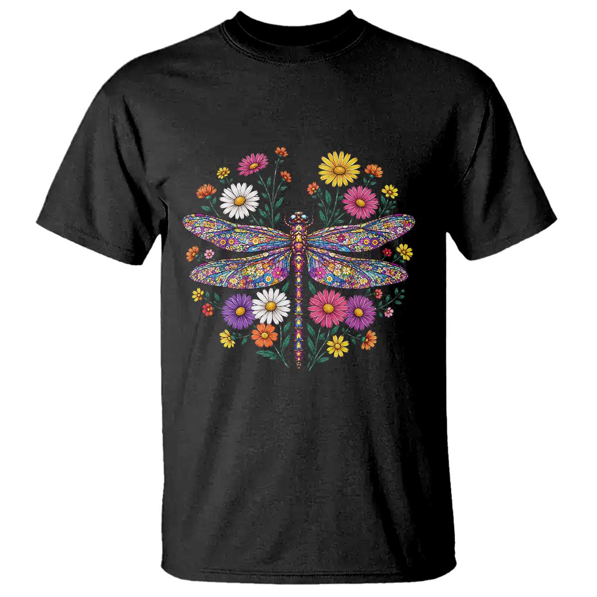 Boho Floral Spring Dragonfly T Shirt Colorful Mosaic Insect