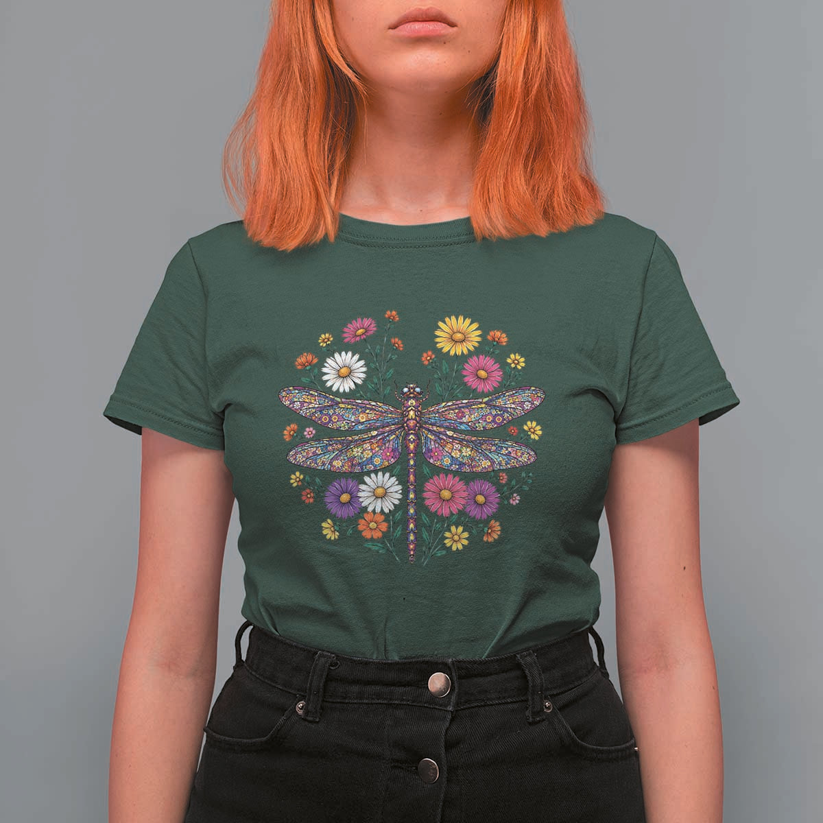 Boho Floral Spring Dragonfly T Shirt For Women Colorful Mosaic Insect