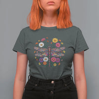 Boho Floral Spring Dragonfly T Shirt For Women Colorful Mosaic Insect