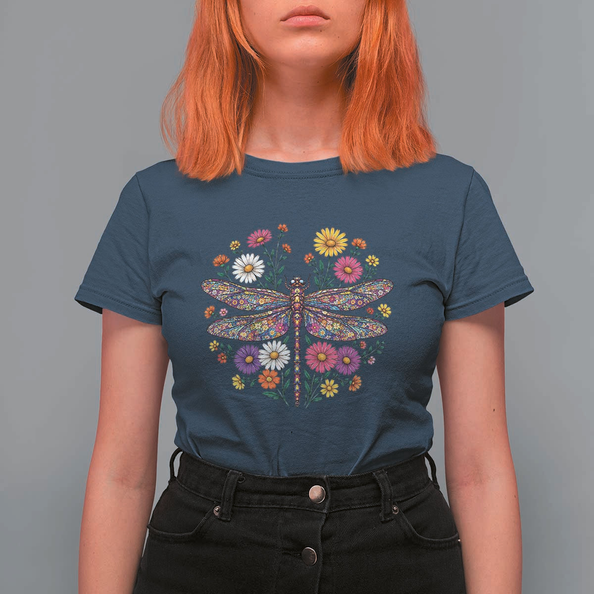 Boho Floral Spring Dragonfly T Shirt For Women Colorful Mosaic Insect