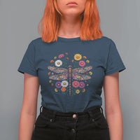 Boho Floral Spring Dragonfly T Shirt For Women Colorful Mosaic Insect