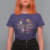Boho Floral Spring Dragonfly T Shirt For Women Colorful Mosaic Insect