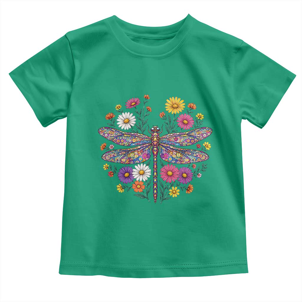 Boho Floral Spring Dragonfly Toddler T Shirt Colorful Mosaic Insect