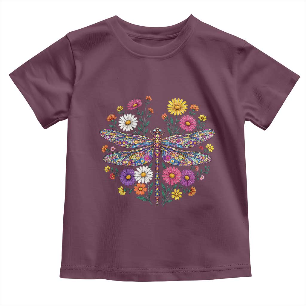 Boho Floral Spring Dragonfly Toddler T Shirt Colorful Mosaic Insect