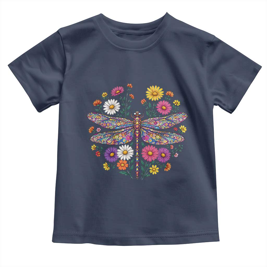 Boho Floral Spring Dragonfly Toddler T Shirt Colorful Mosaic Insect