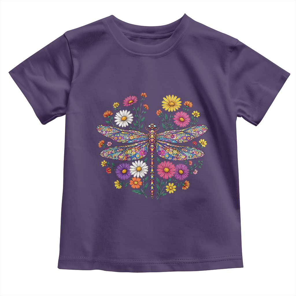 Boho Floral Spring Dragonfly Toddler T Shirt Colorful Mosaic Insect