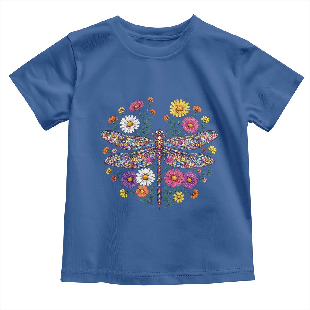 Boho Floral Spring Dragonfly Toddler T Shirt Colorful Mosaic Insect