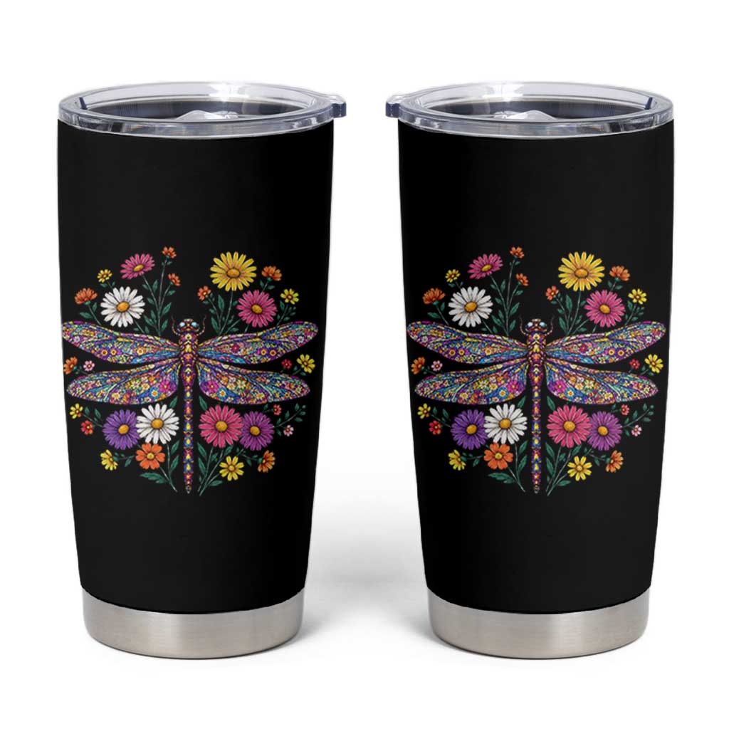 Boho Floral Spring Dragonfly Tumbler Cup Colorful Mosaic Insect