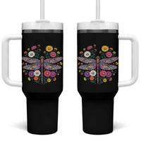 Boho Floral Spring Dragonfly Tumbler With Handle Colorful Mosaic Insect