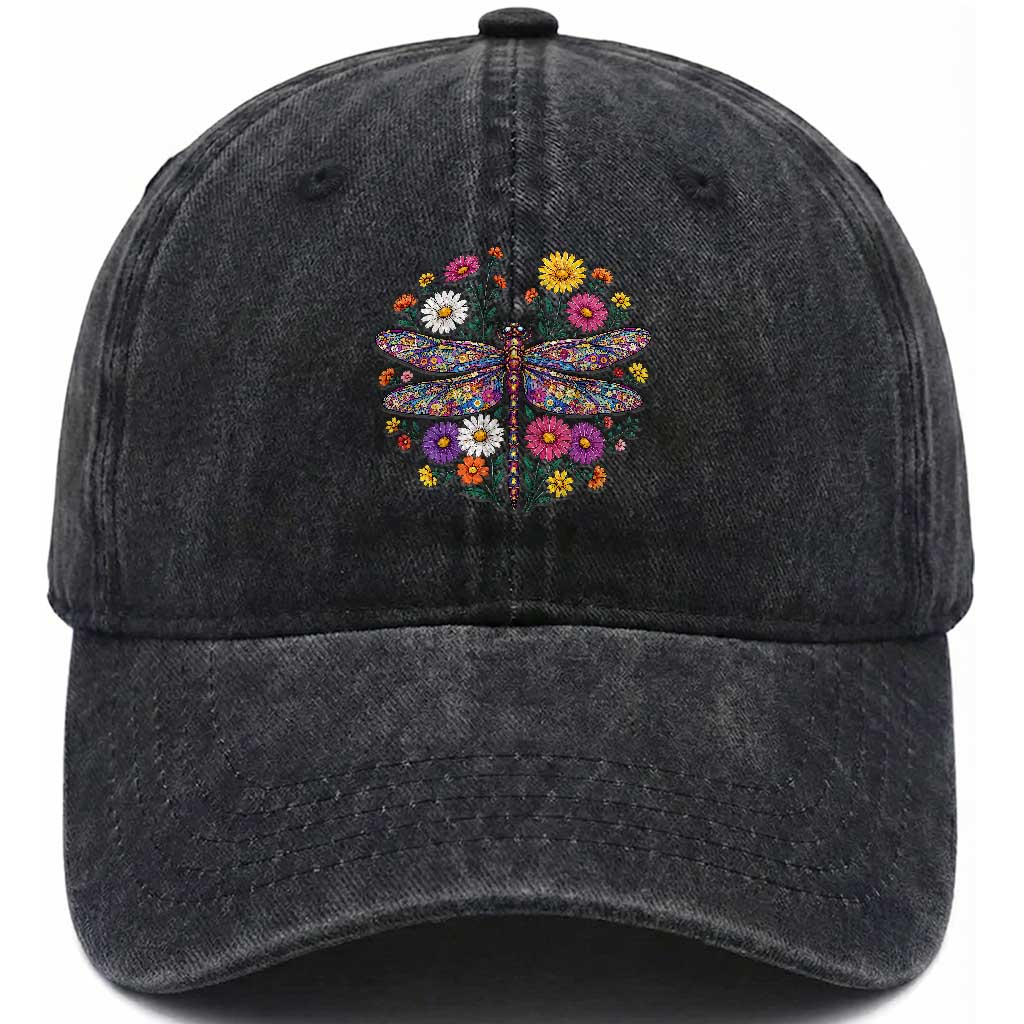 Boho Floral Spring Dragonfly Washed Cotton Baseball Cap Colorful Mosaic Insect