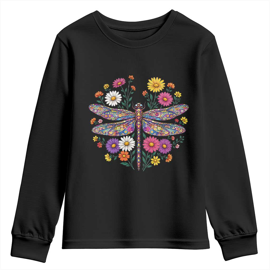Boho Floral Spring Dragonfly Youth Sweatshirt Colorful Mosaic Insect