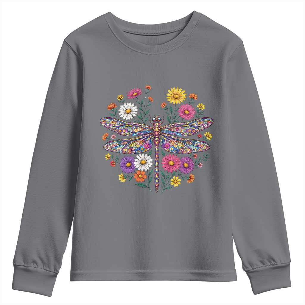 Boho Floral Spring Dragonfly Youth Sweatshirt Colorful Mosaic Insect
