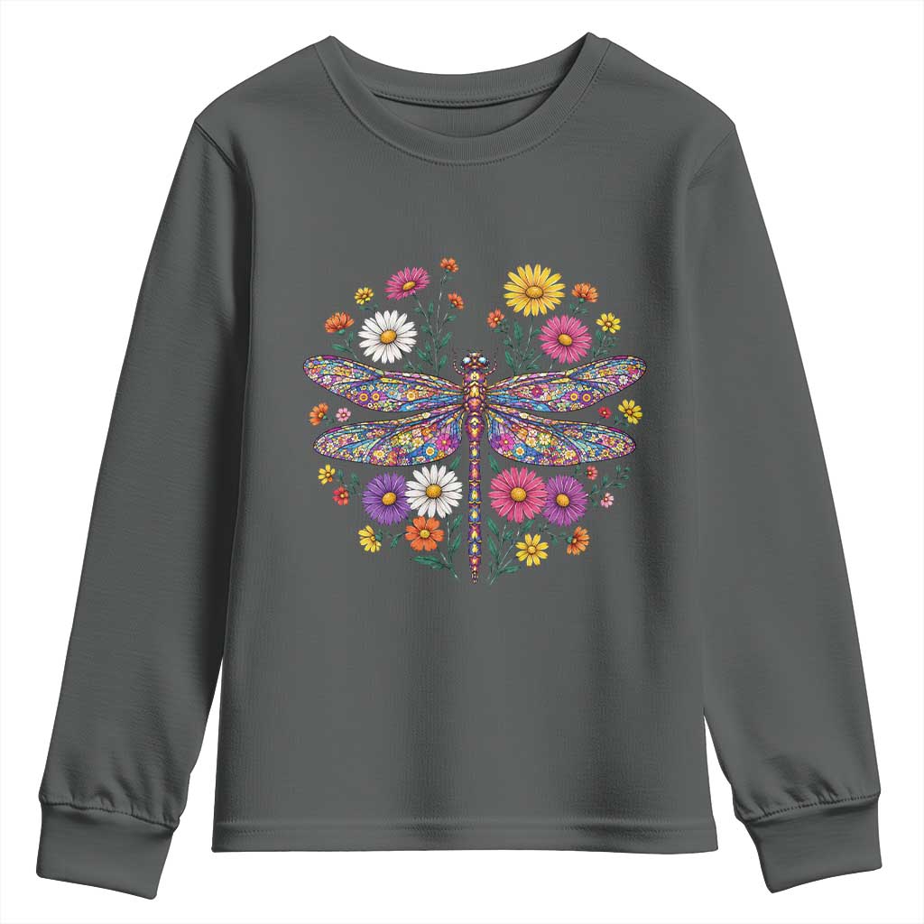 Boho Floral Spring Dragonfly Youth Sweatshirt Colorful Mosaic Insect