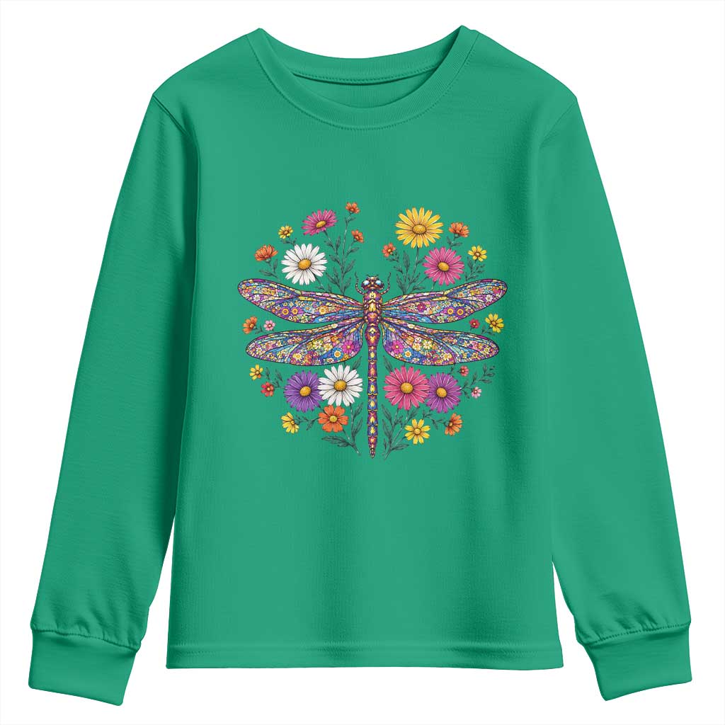 Boho Floral Spring Dragonfly Youth Sweatshirt Colorful Mosaic Insect