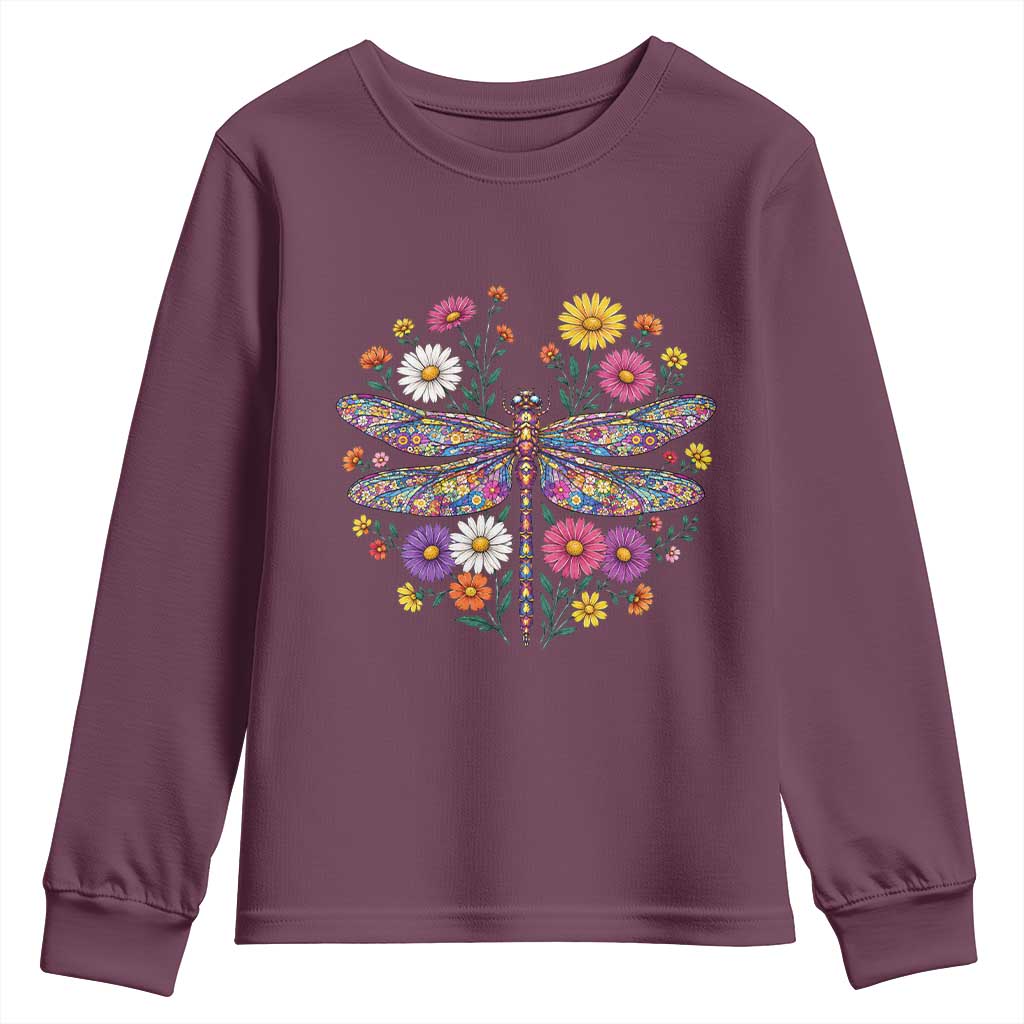 Boho Floral Spring Dragonfly Youth Sweatshirt Colorful Mosaic Insect