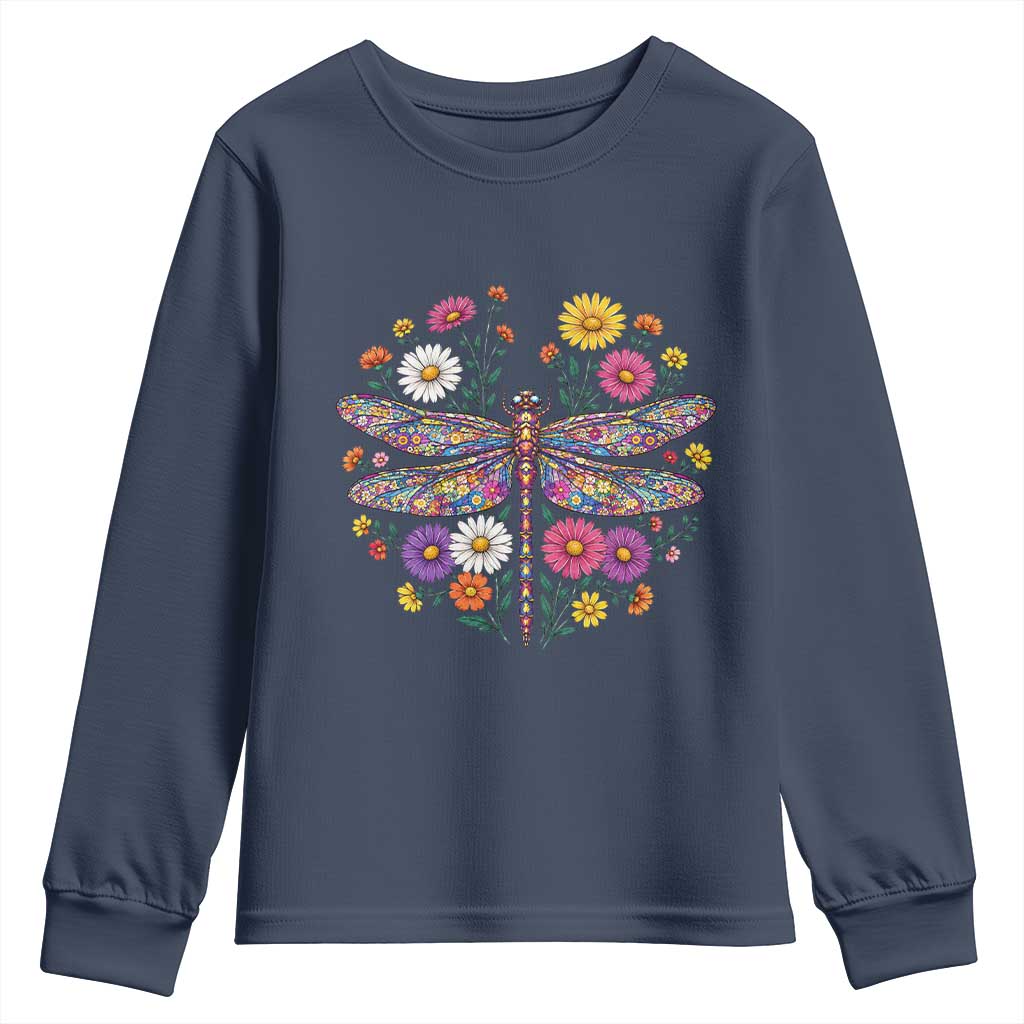 Boho Floral Spring Dragonfly Youth Sweatshirt Colorful Mosaic Insect