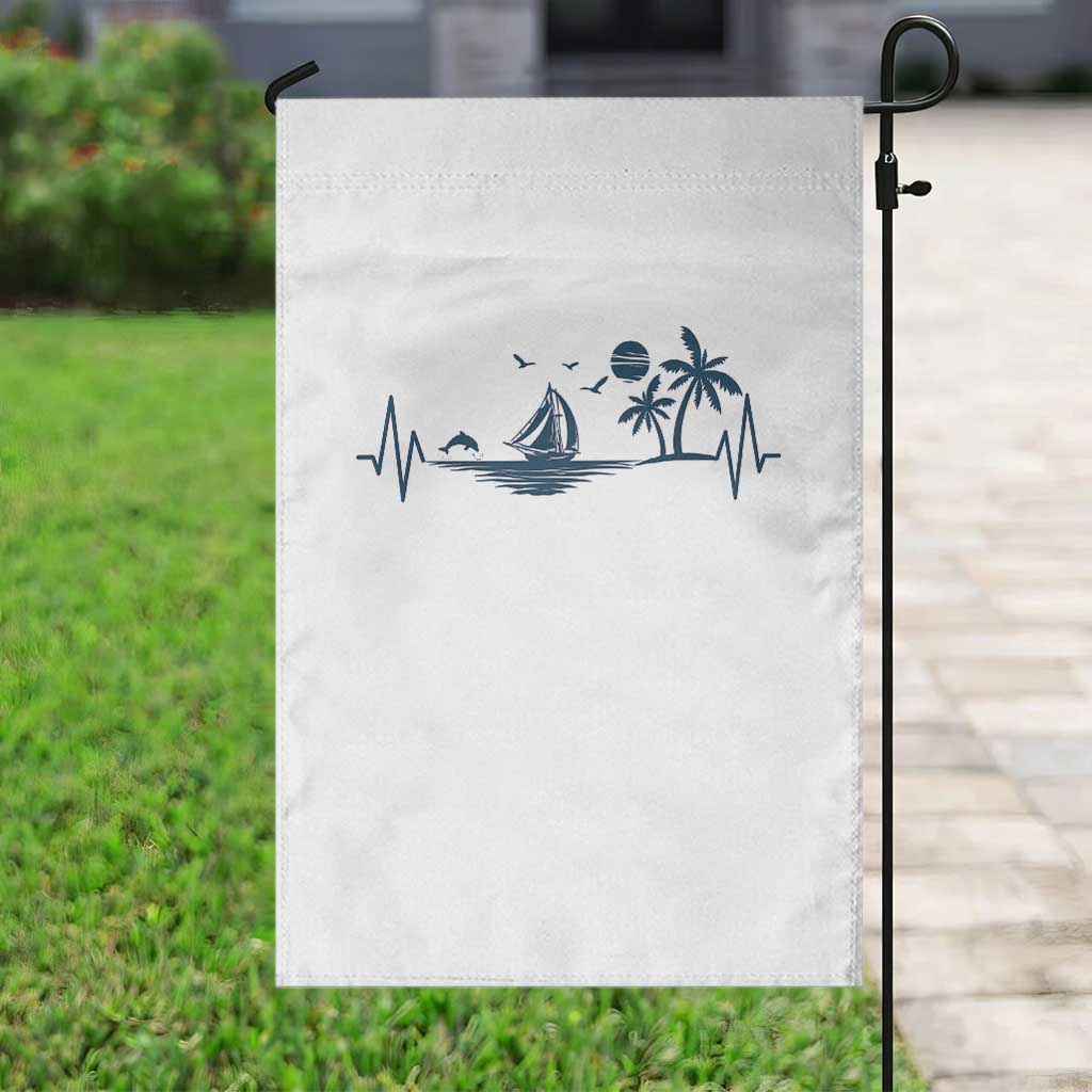 Summer Vacation Heartbeat Pulse Sunset Silhouette Garden Flag Tropical Island Lover