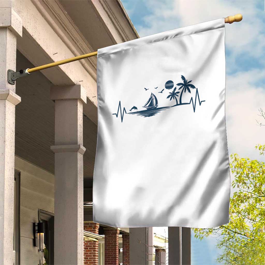 Summer Vacation Heartbeat Pulse Sunset Silhouette Garden Flag Tropical Island Lover