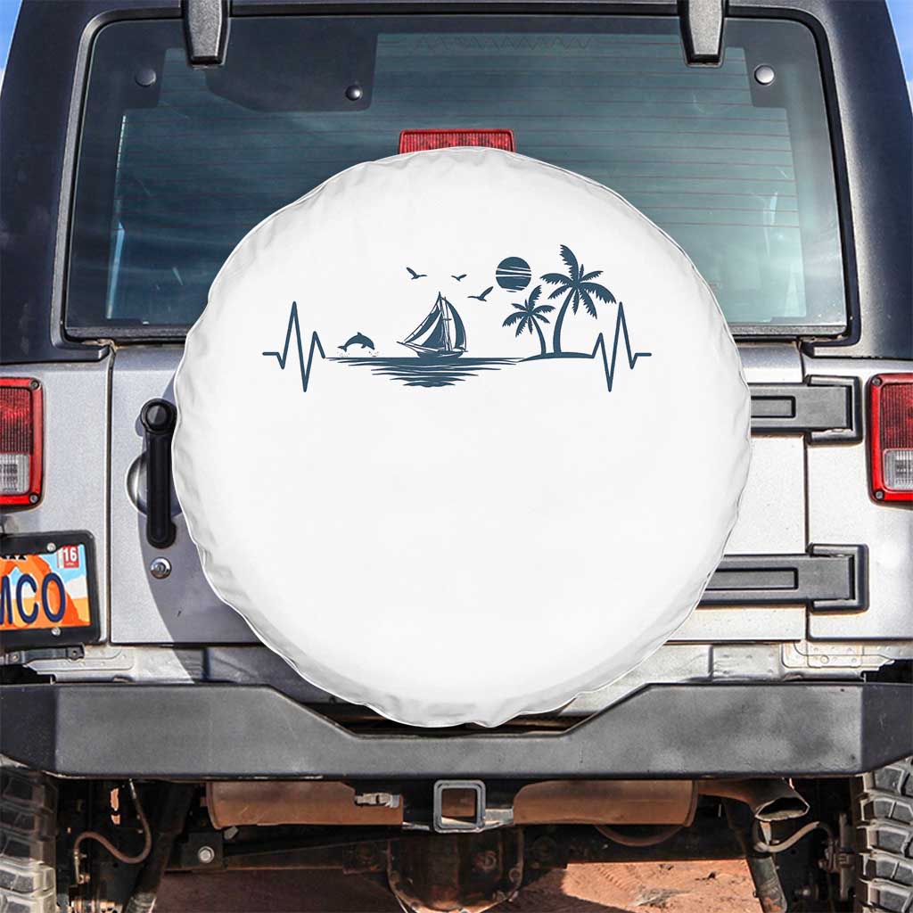 Summer Vacation Heartbeat Pulse Sunset Silhouette Spare Tire Cover Tropical Island Lover