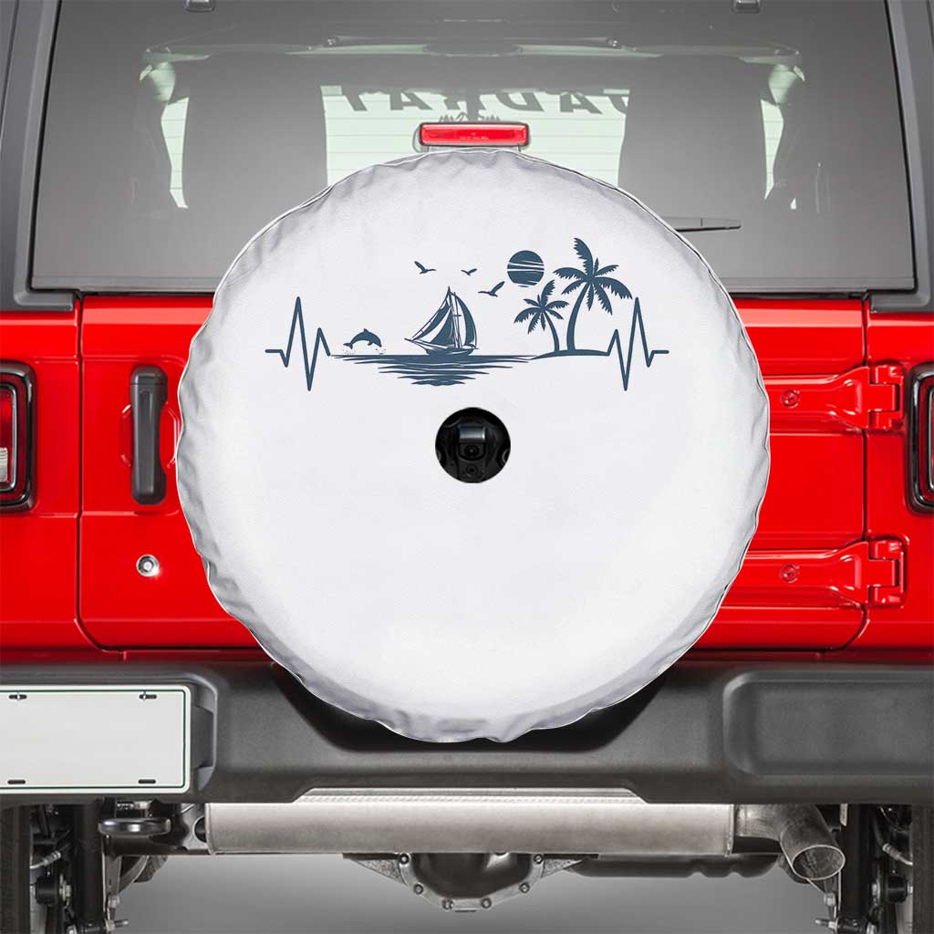 Summer Vacation Heartbeat Pulse Sunset Silhouette Spare Tire Cover Tropical Island Lover