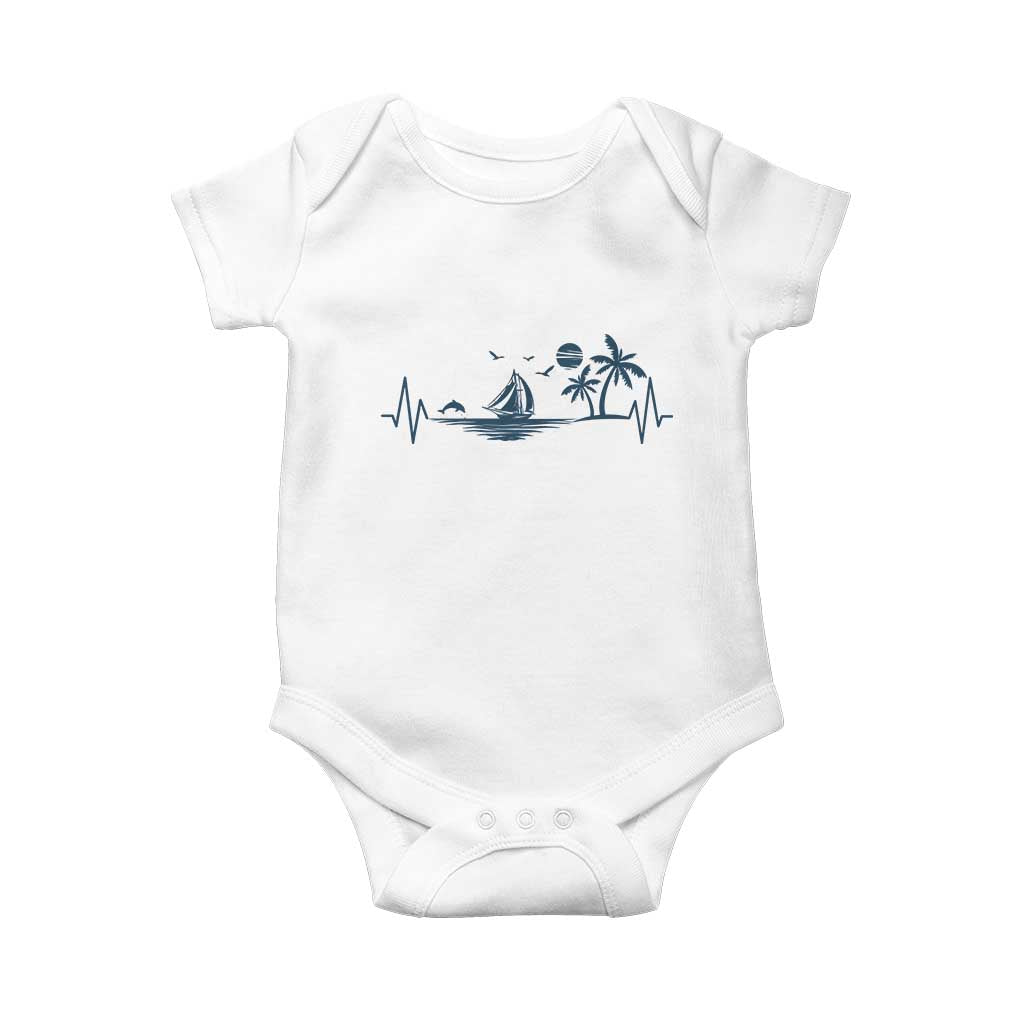 Summer Vacation Heartbeat Pulse Sunset Silhouette Baby Onesie Tropical Island Lover