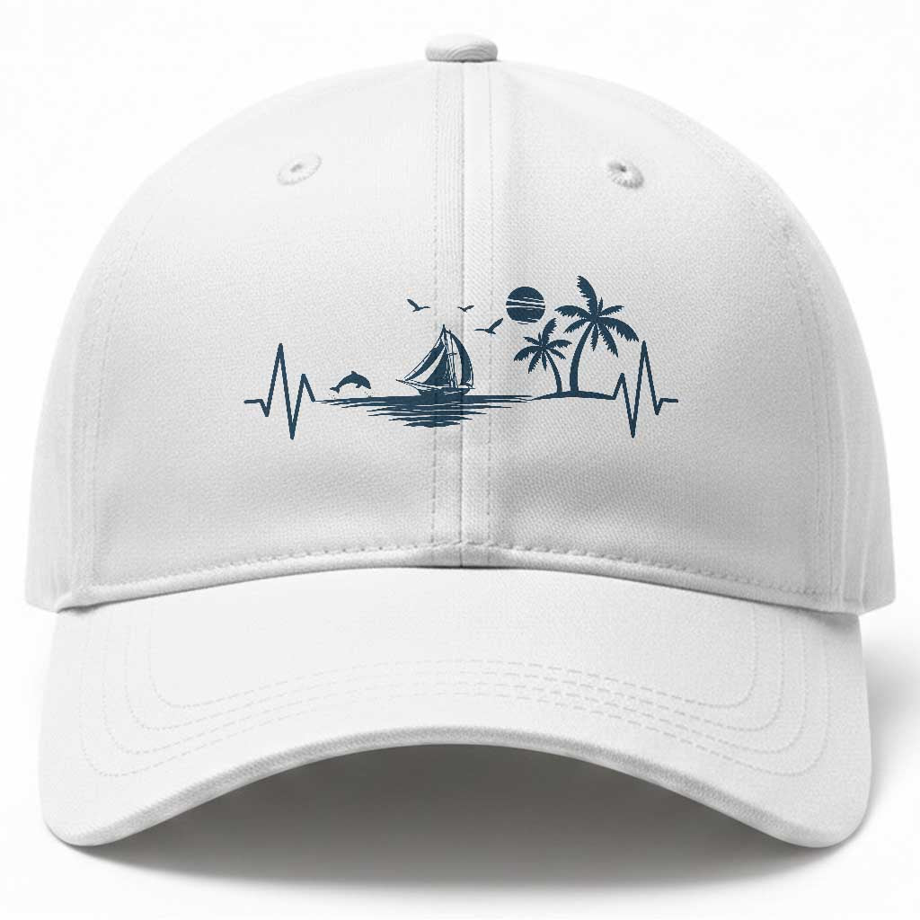 Summer Vacation Heartbeat Pulse Sunset Silhouette Baseball Cap Tropical Island Lover