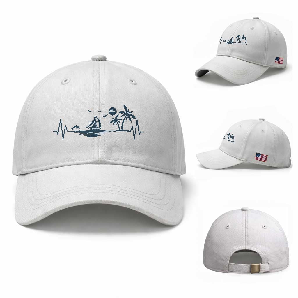 Summer Vacation Heartbeat Pulse Sunset Silhouette Baseball Cap Tropical Island Lover