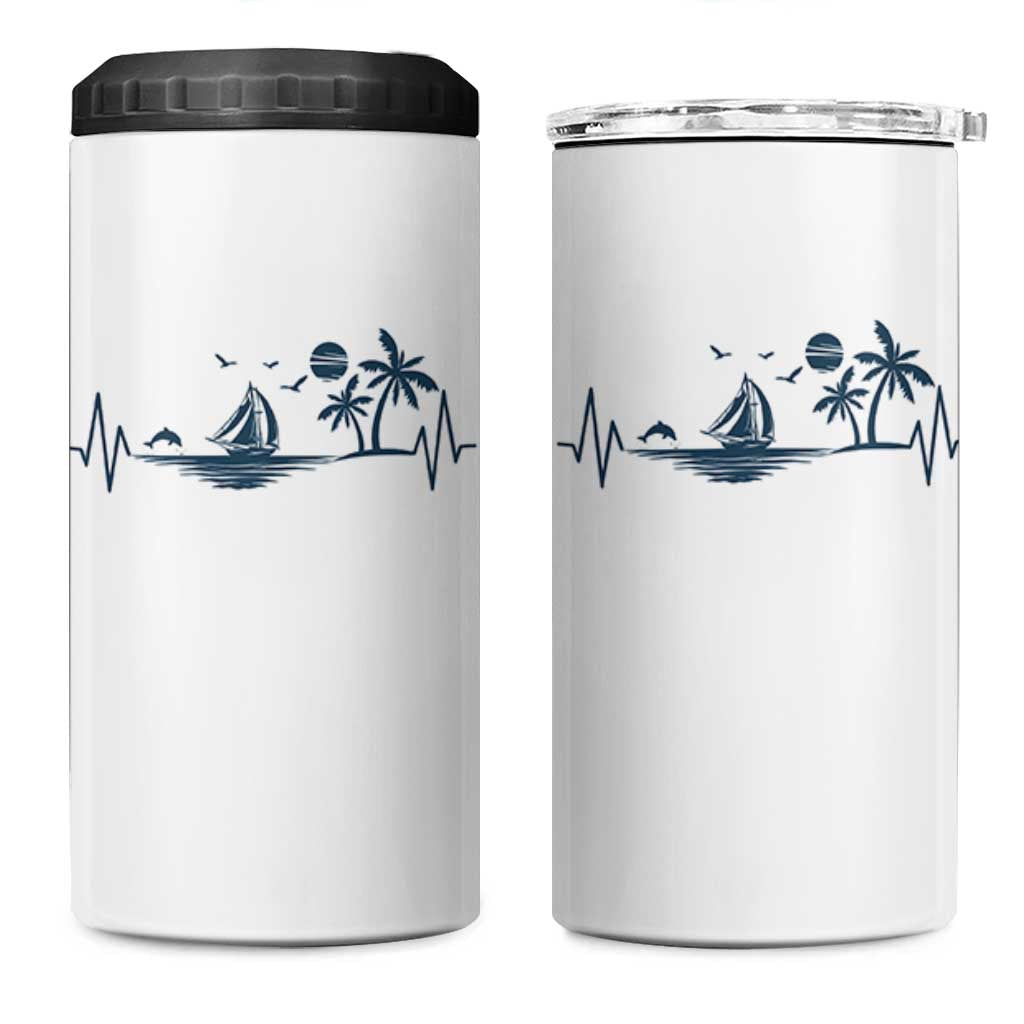 Summer Vacation Heartbeat Pulse Sunset Silhouette 4 in 1 Can Cooler Tumbler Tropical Island Lover