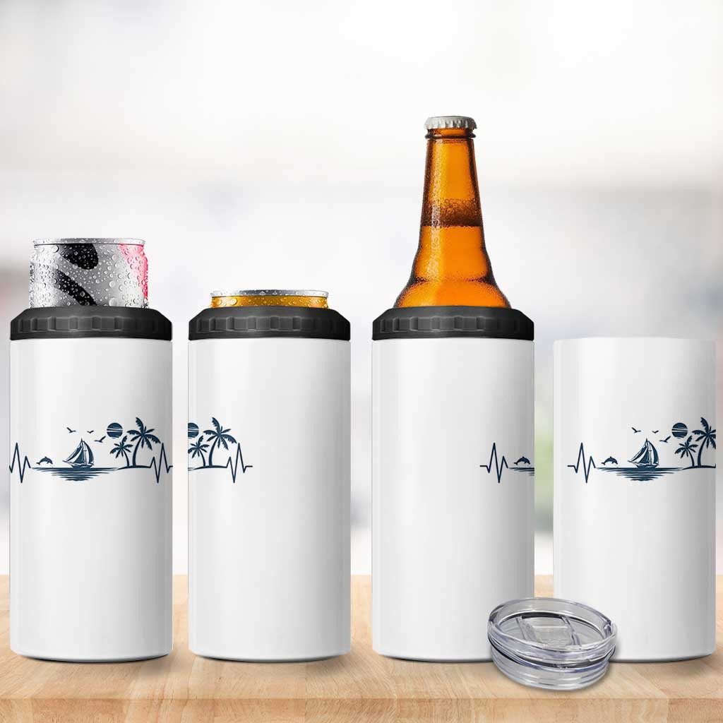 Summer Vacation Heartbeat Pulse Sunset Silhouette 4 in 1 Can Cooler Tumbler Tropical Island Lover