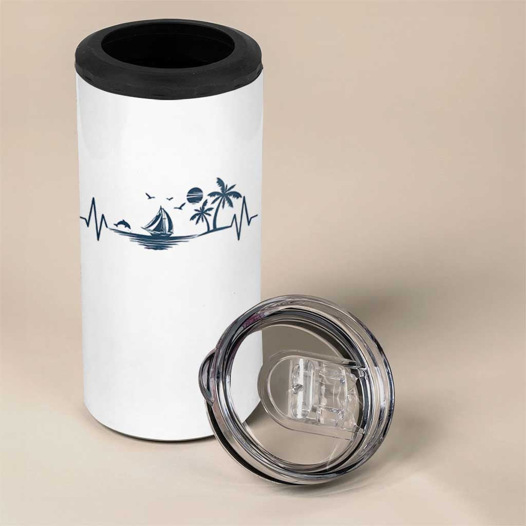 Summer Vacation Heartbeat Pulse Sunset Silhouette 4 in 1 Can Cooler Tumbler Tropical Island Lover