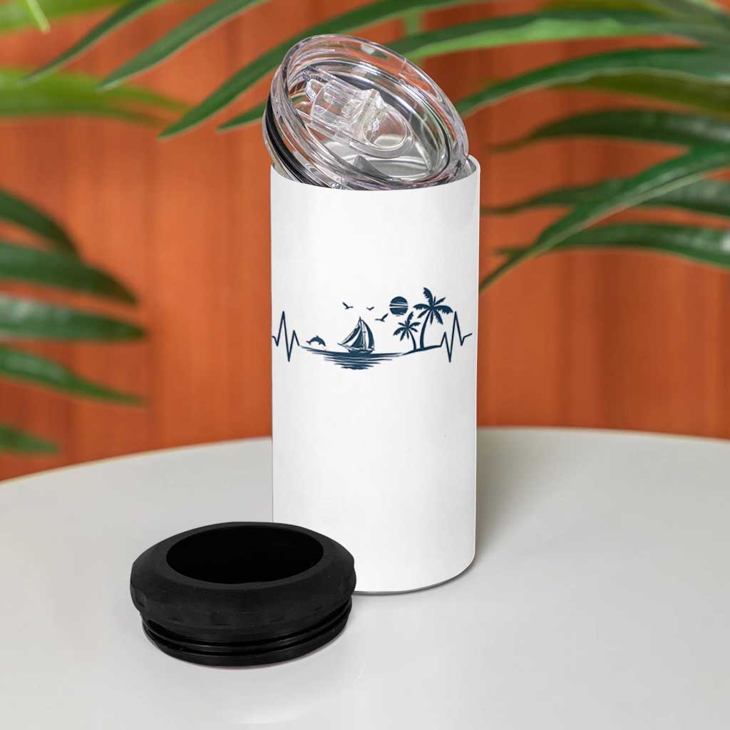 Summer Vacation Heartbeat Pulse Sunset Silhouette 4 in 1 Can Cooler Tumbler Tropical Island Lover